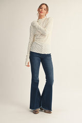 Ivory Thumbhole Sleeves Mock Neck Lace Top