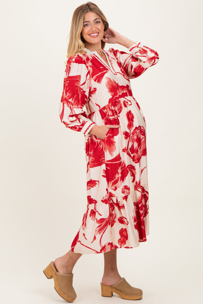 Cream/Red Big Floral Print Maternity Midi Dress