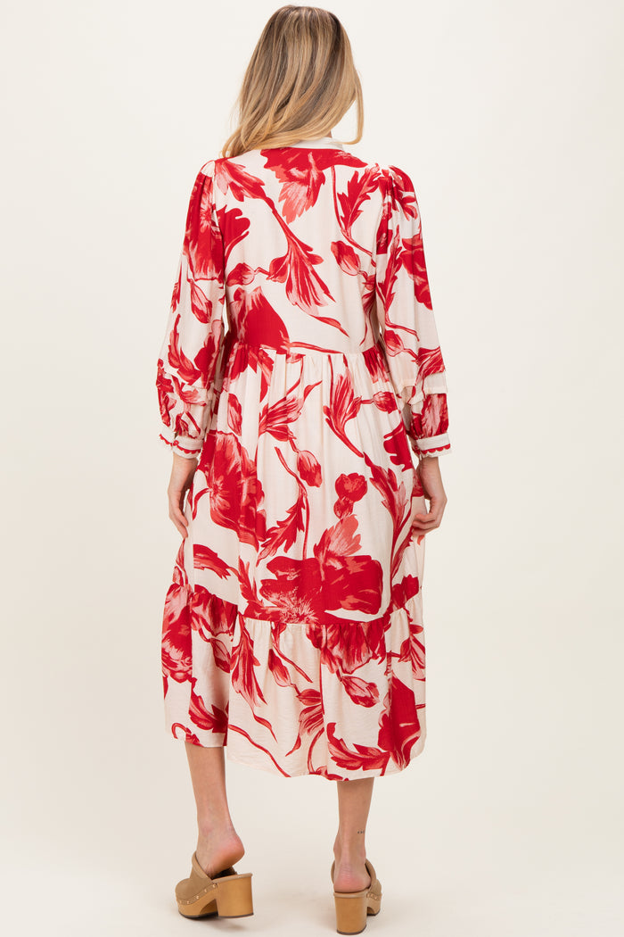 Cream/Red Big Floral Print Maternity Midi Dress