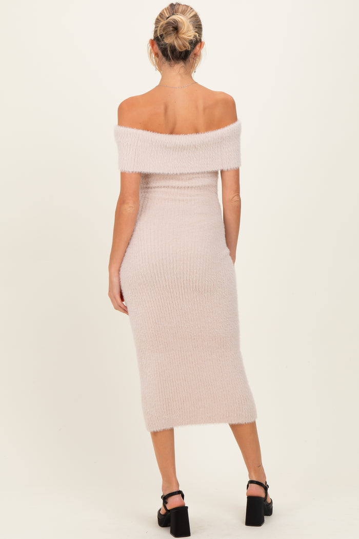Cream Fuzzy Knit Off Shoulder Maternity Midi Dress