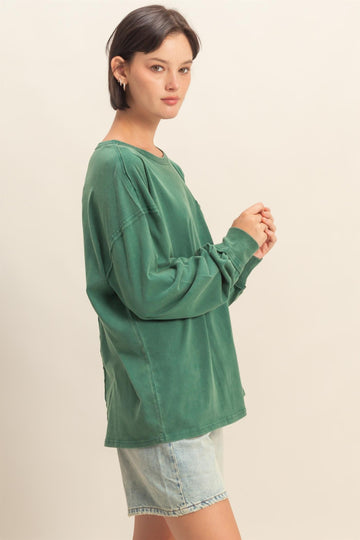 Green Oversized Washed Long Sleeve Pocket Top