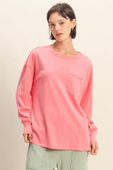 Pink Oversized Washed Long Sleeve Pocket Top