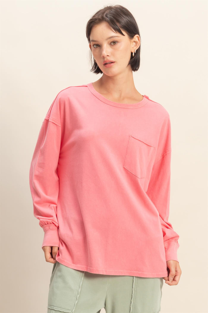 Pink Oversized Washed Long Sleeve Pocket Top