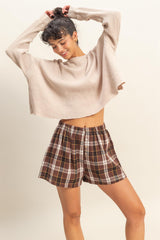Brown Button-Front Plaid Boxer Shorts