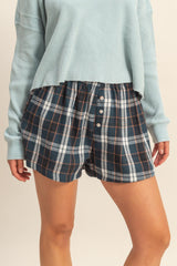 Navy Button-Front Plaid Boxer Shorts