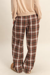 Brown Plaid Wide Leg Lounge Pants