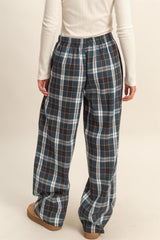 Navy Plaid Wide Leg Lounge Pants
