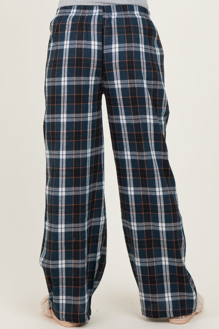 maternity wear in navy and gray plaid wide-leg lounge pants with an elastic waistband