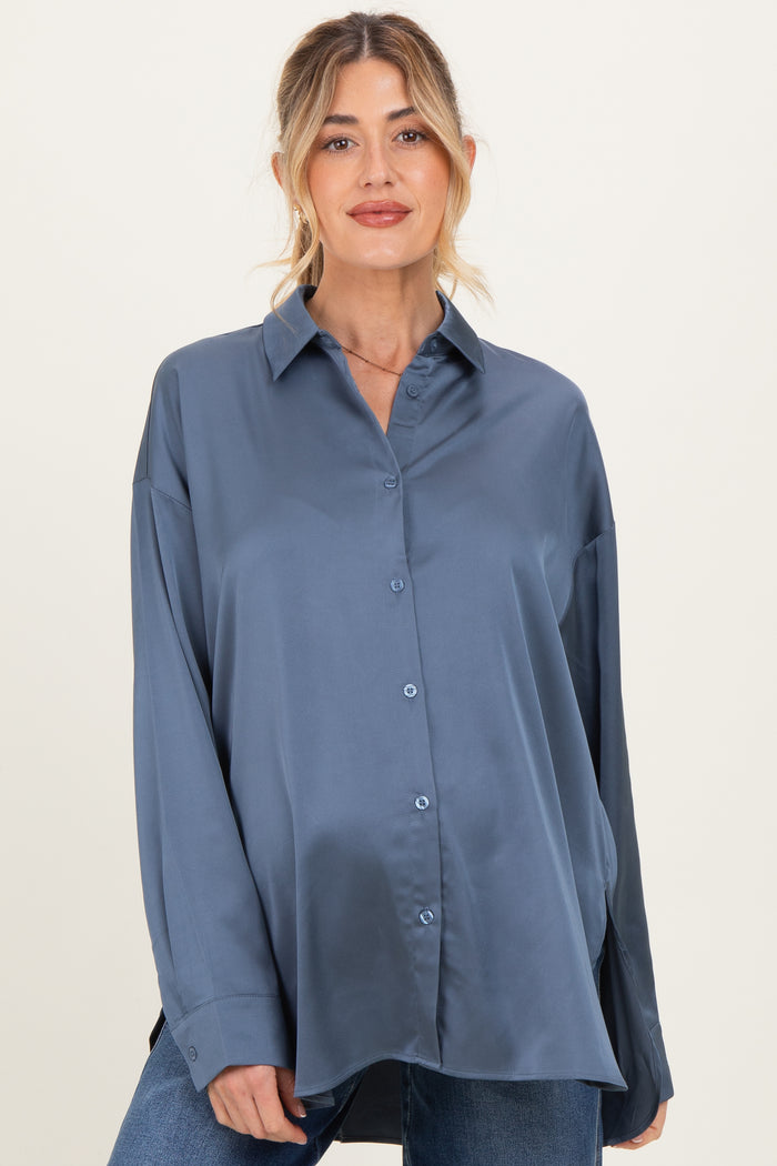 Navy Long Sleeve Oversized Satin Maternity Shirt