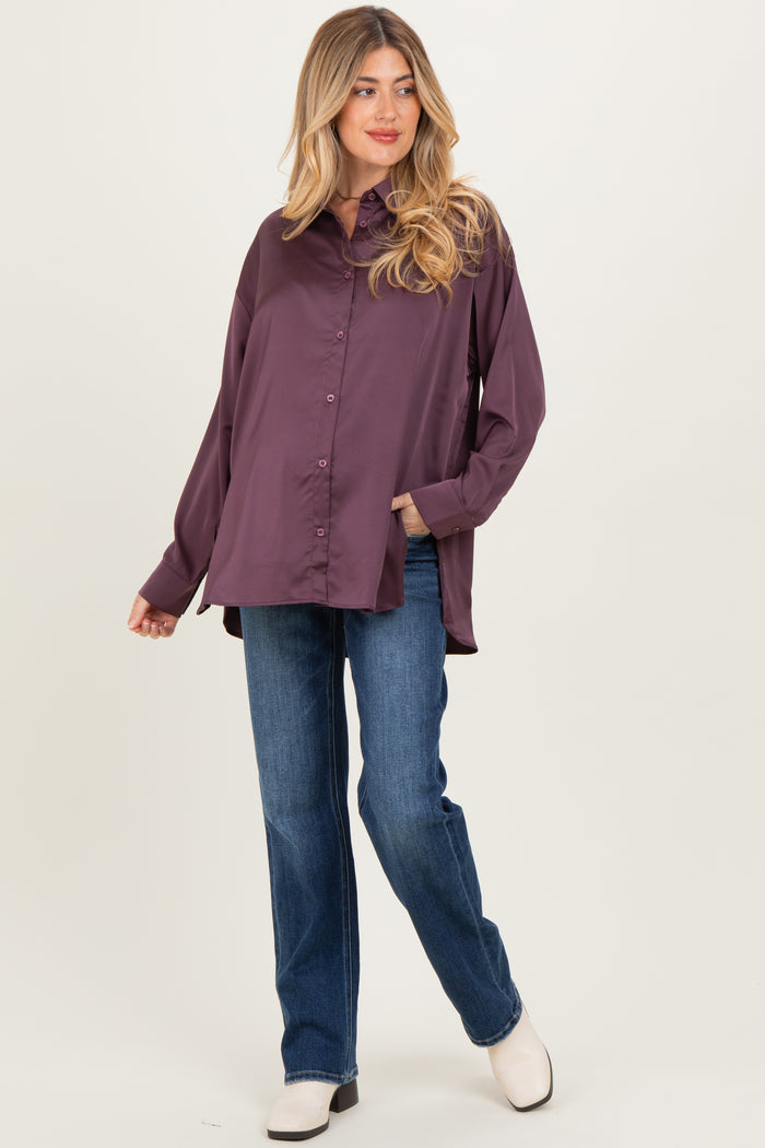 Burgundy Long Sleeve Oversized Satin Maternity Shirt