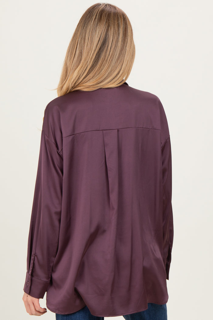 Burgundy Long Sleeve Oversized Satin Maternity Shirt