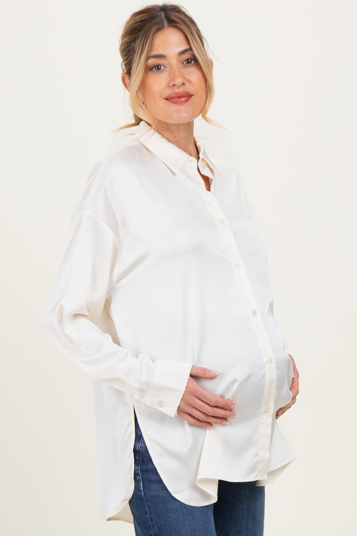 Cream Long Sleeve Oversized Satin Maternity Shirt