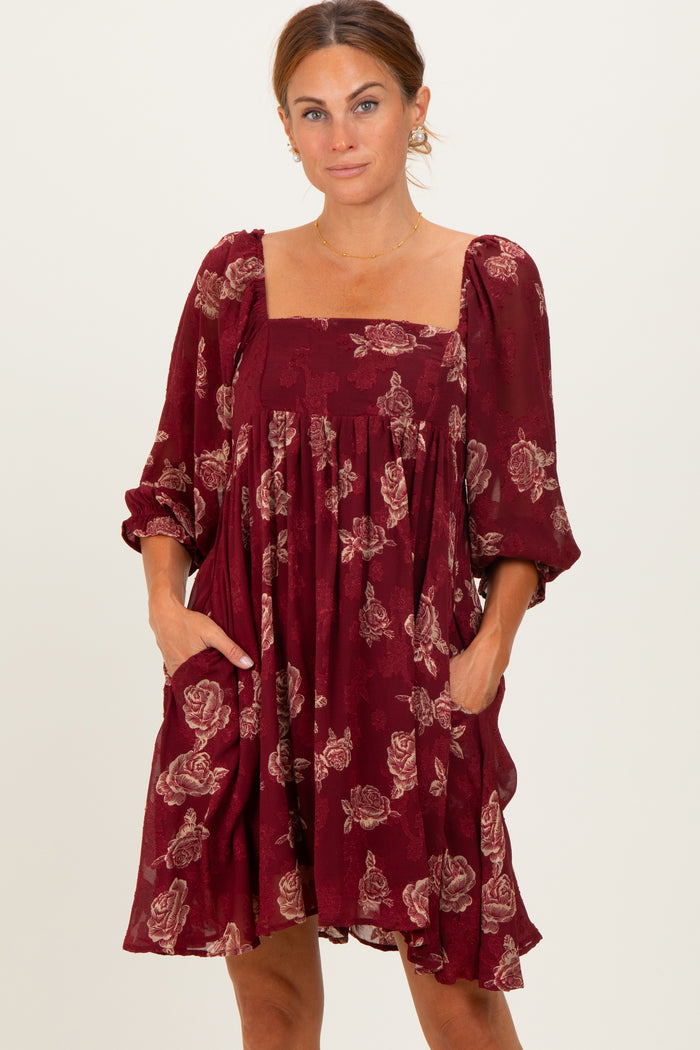 Burgundy Floral Jacquard 3/4 Sleeve Dress