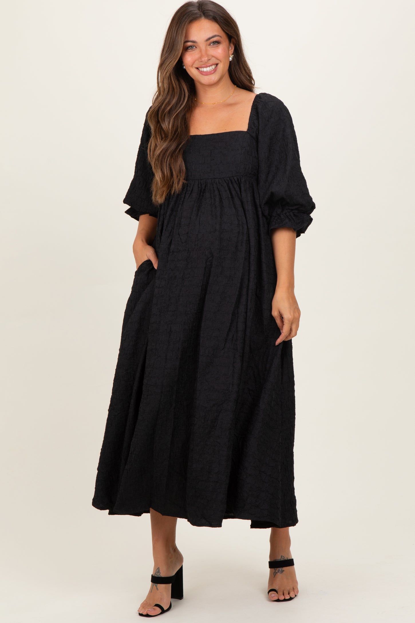 Black Textured 3/4 Puff Sleeve Maternity Maxi Dress
