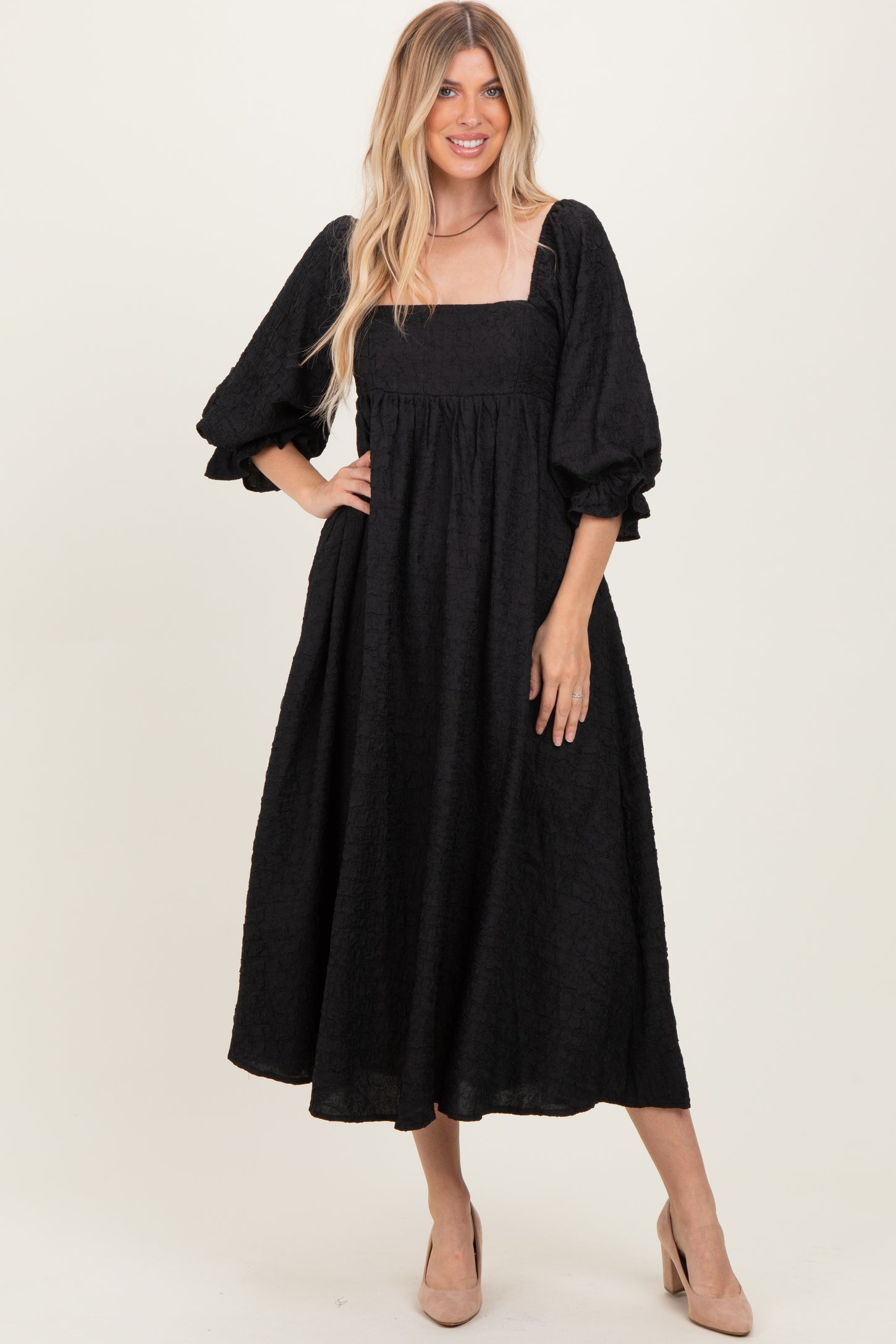 Black Textured 3/4 Puff Sleeve Maxi Dress
