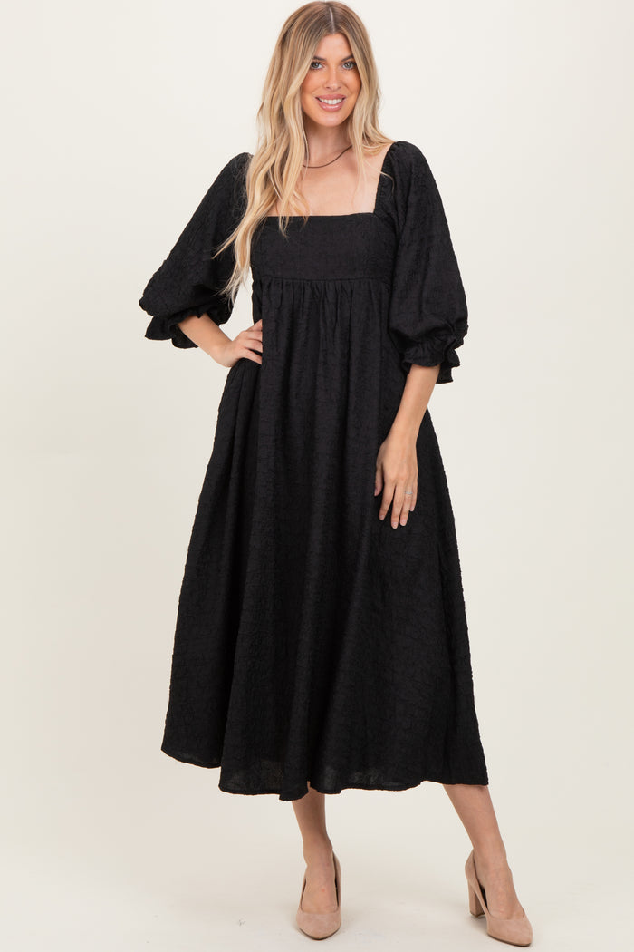 Black Textured 3/4 Puff Sleeve Maternity Maxi Dress