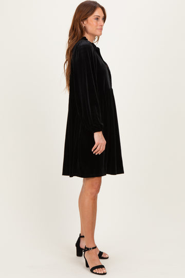 Black Velvet Button Up V-Neck Dress