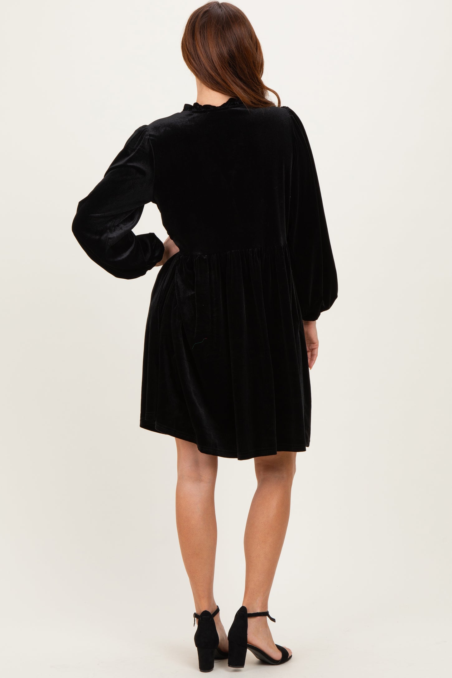 Black Velvet Button Up V-Neck Dress