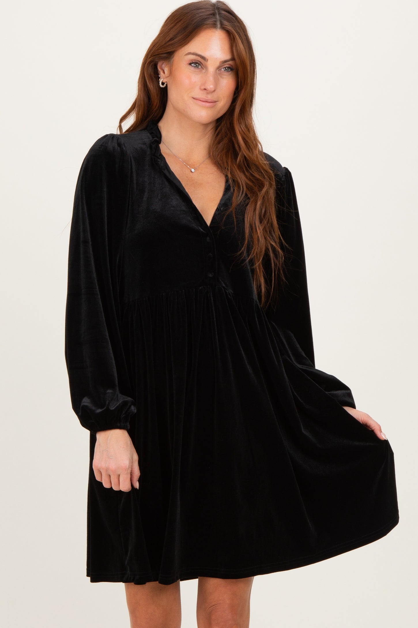 Black Velvet Button Up V-Neck Dress