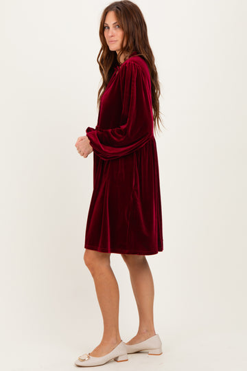 Burgundy Velvet Button Up V-Neck Dress