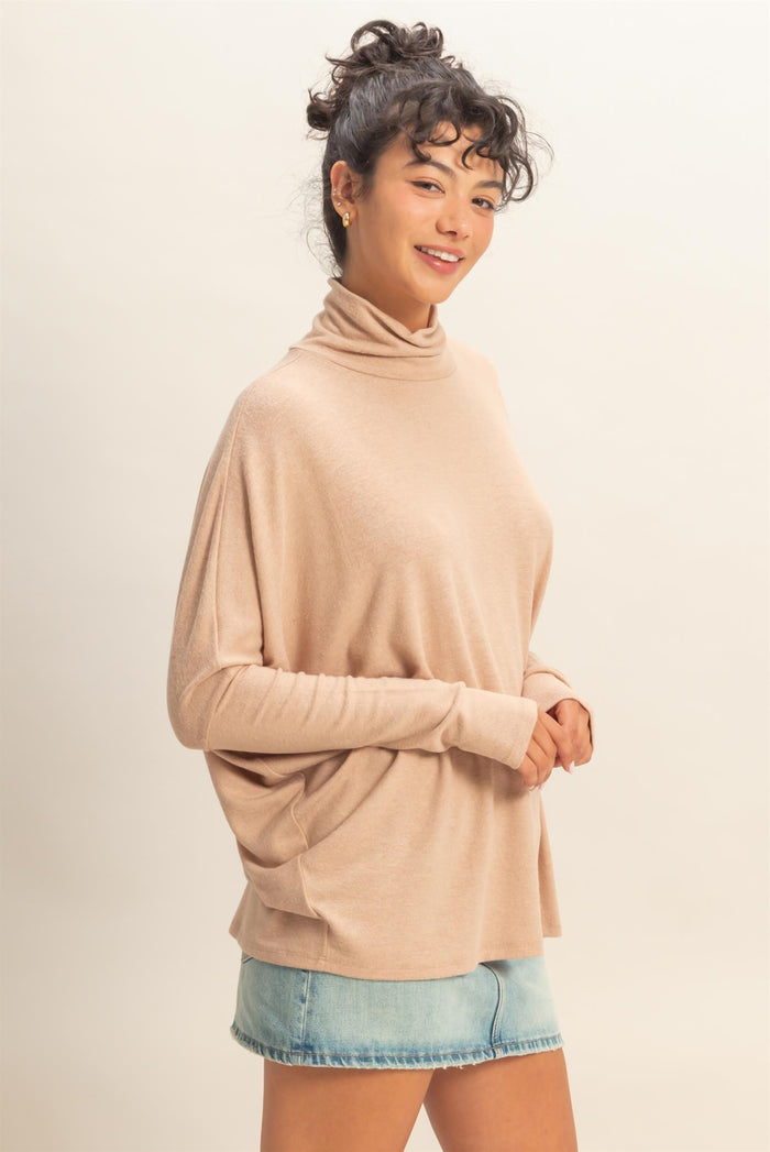 Taupe Draped Oversized Turtleneck Dolman Sleeve Top