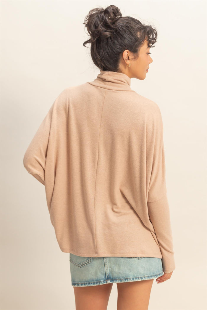 Taupe Draped Oversized Turtleneck Dolman Sleeve Top