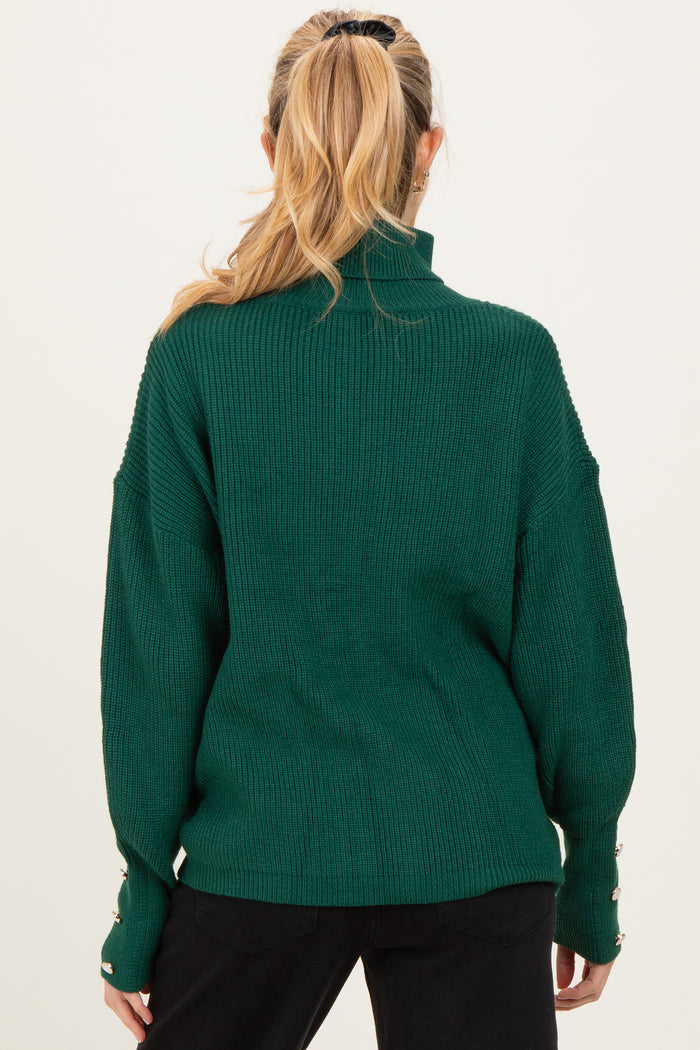 Forest Green Button Accent Turtleneck Maternity Sweater