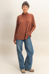 Rust Draped Oversized Turtleneck Dolman Sleeve Top