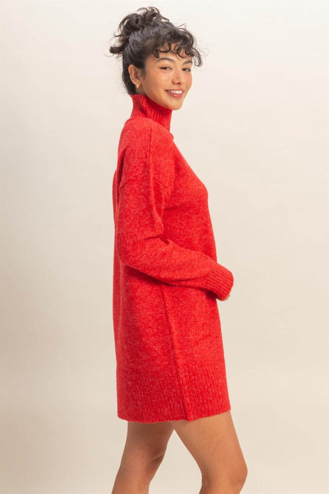 Red High Neck Sweater Mini Dress