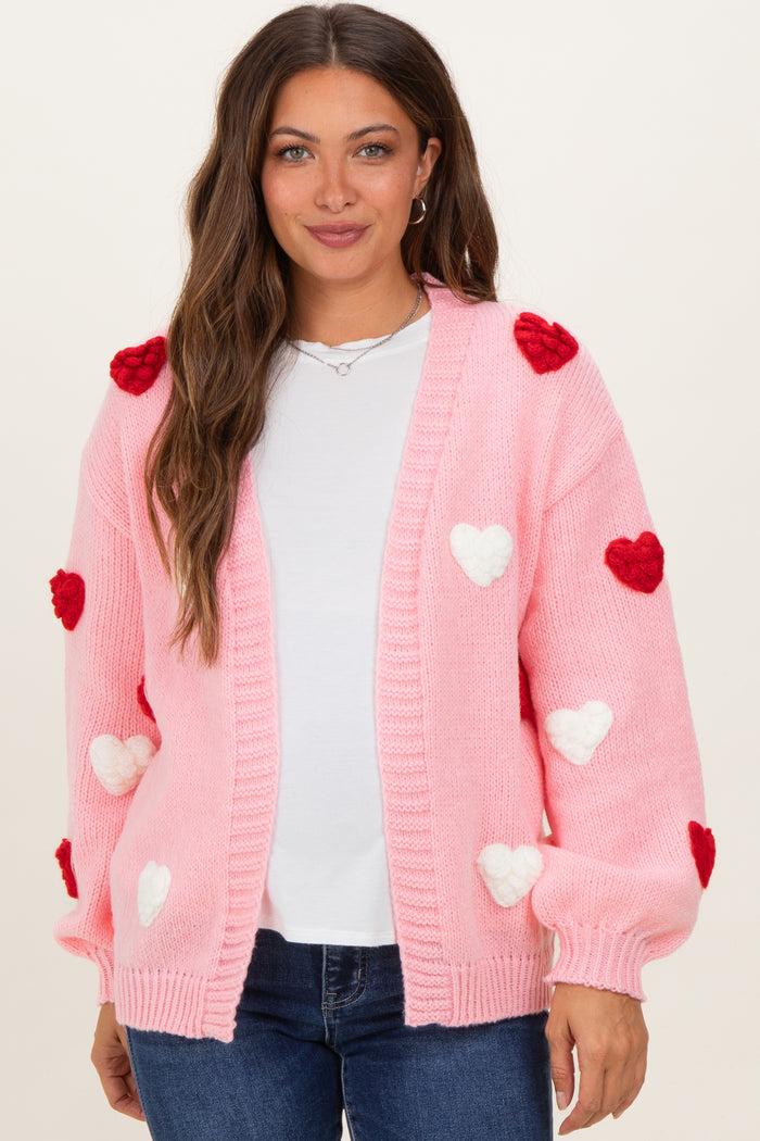 Light Pink Crochet Heart Patch Maternity Cardigan