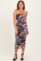 Mauve Floral Mesh Strapless Ruched Maternity Midi Dress