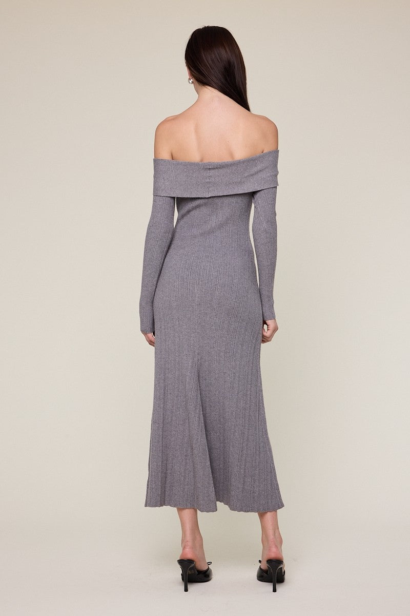 Heather Grey Ribbed Knit Off Shoulder Midi Dress