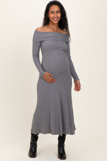 Heather Grey Ribbed Knit Off Shoulder Maternity Midi Dress