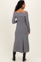 Heather Grey Ribbed Knit Off Shoulder Maternity Midi Dress