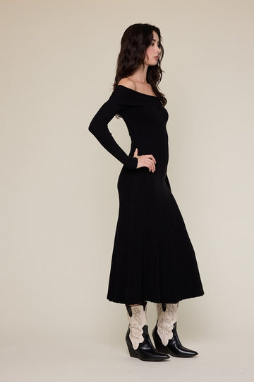 Black Ribbed Knit Off Shoulder Midi Dress