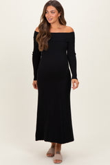 Black Ribbed Knit Off Shoulder Maternity Midi Dress