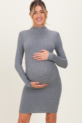 Heather Grey Cable Knit Mock Neck Maternity Mini Dress