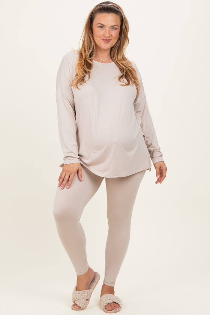 Cream Brushed Knit Oversized Top and Legging Maternity Plus Set