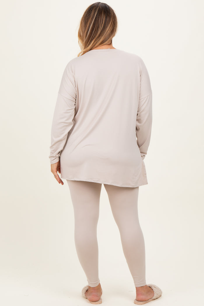 Cream Brushed Knit Oversized Top and Legging Maternity Plus Set