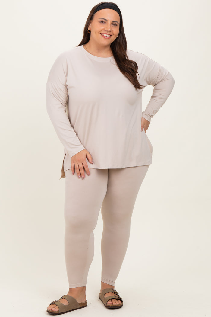 Cream Brushed Knit Oversized Top and Legging Maternity Plus Set