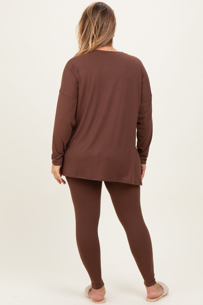 Brown Brushed Knit Oversized Top and Legging Maternity Plus Set