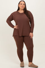 Brown Brushed Knit Oversized Top and Legging Maternity Plus Set