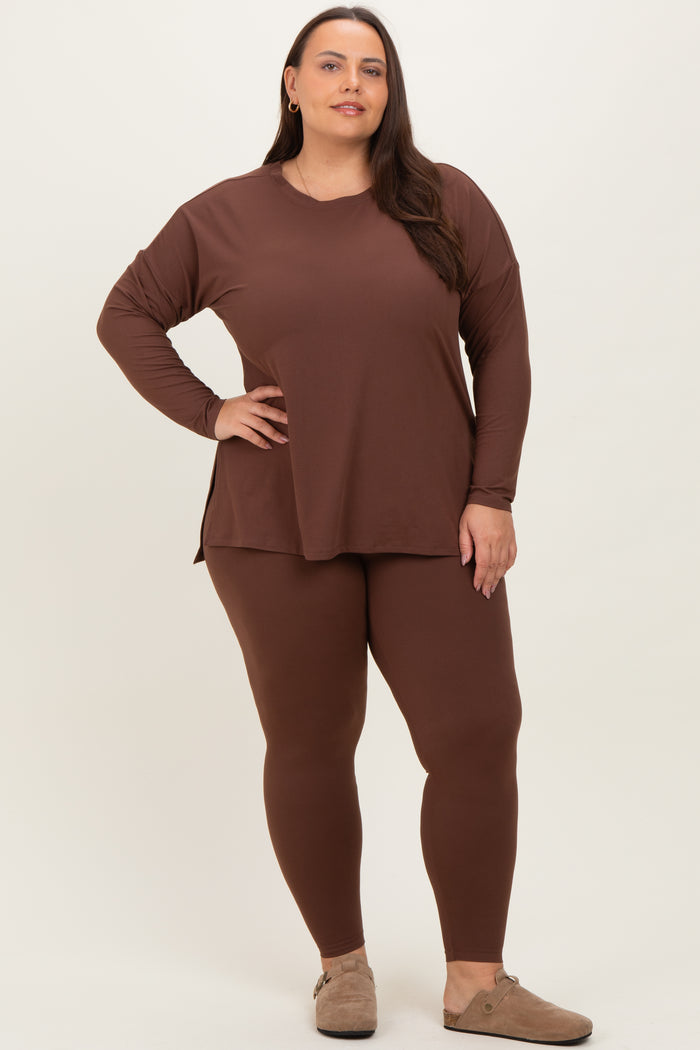Brown Brushed Knit Oversized Top and Legging Maternity Plus Set