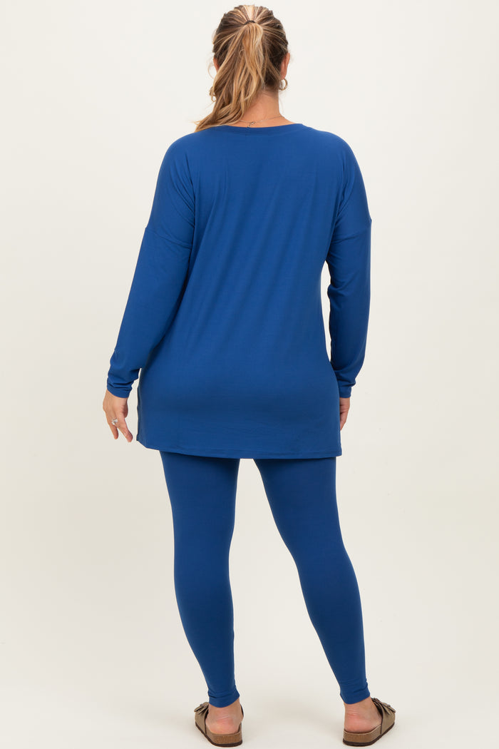 Navy Brushed Knit Oversized Top and Legging Maternity Plus Set