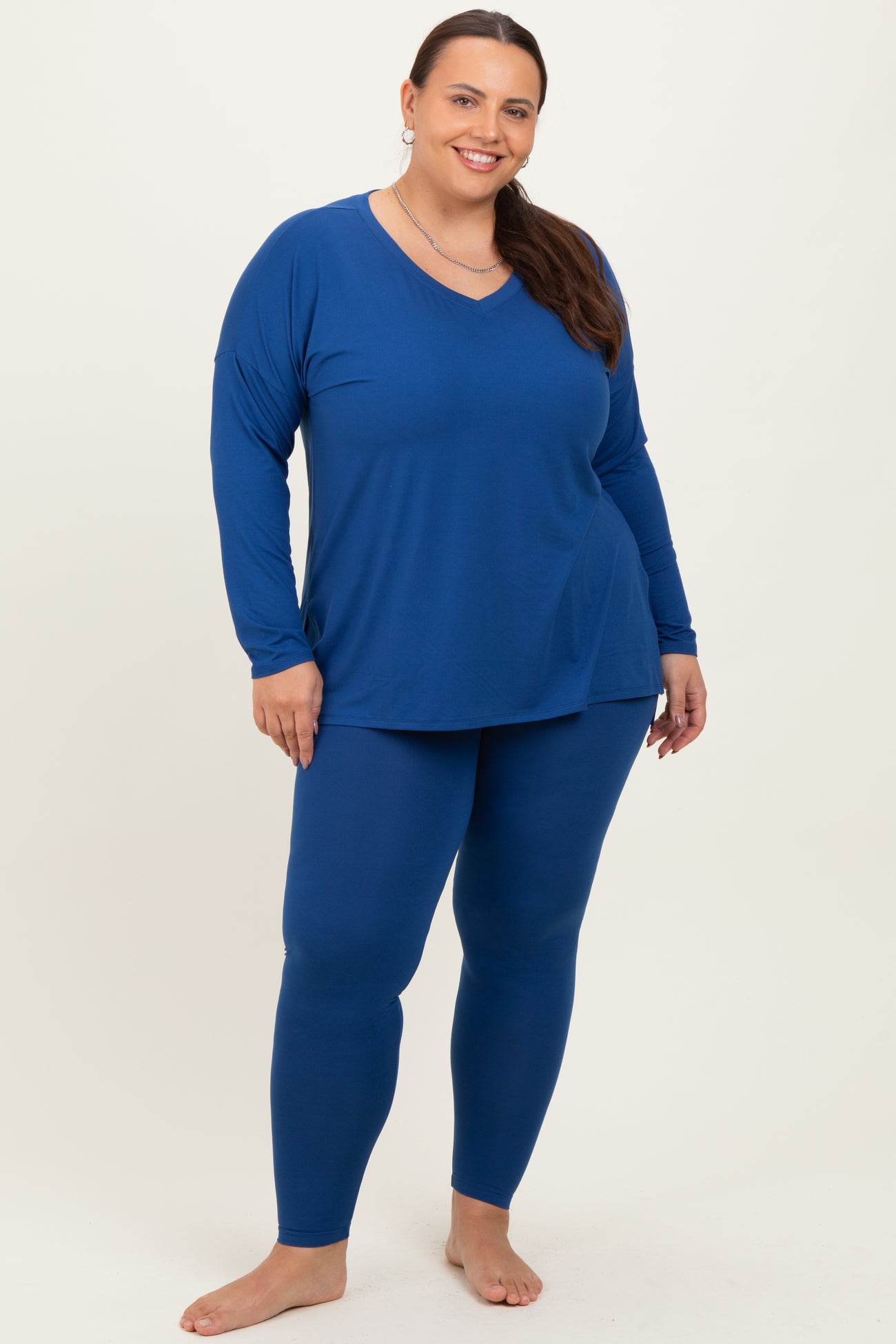 Navy Brushed Knit Oversized Top and Legging Plus Set