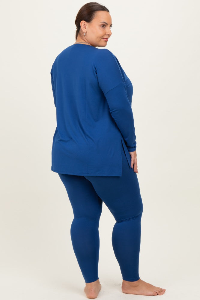 Navy Brushed Knit Oversized Top and Legging Plus Set