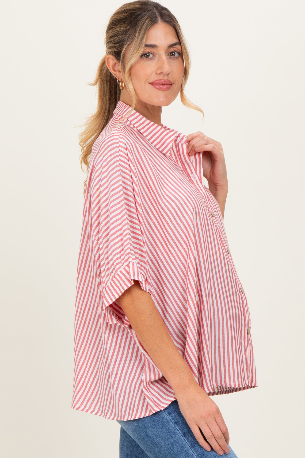 Red Striped Button Up Dolman Maternity Top