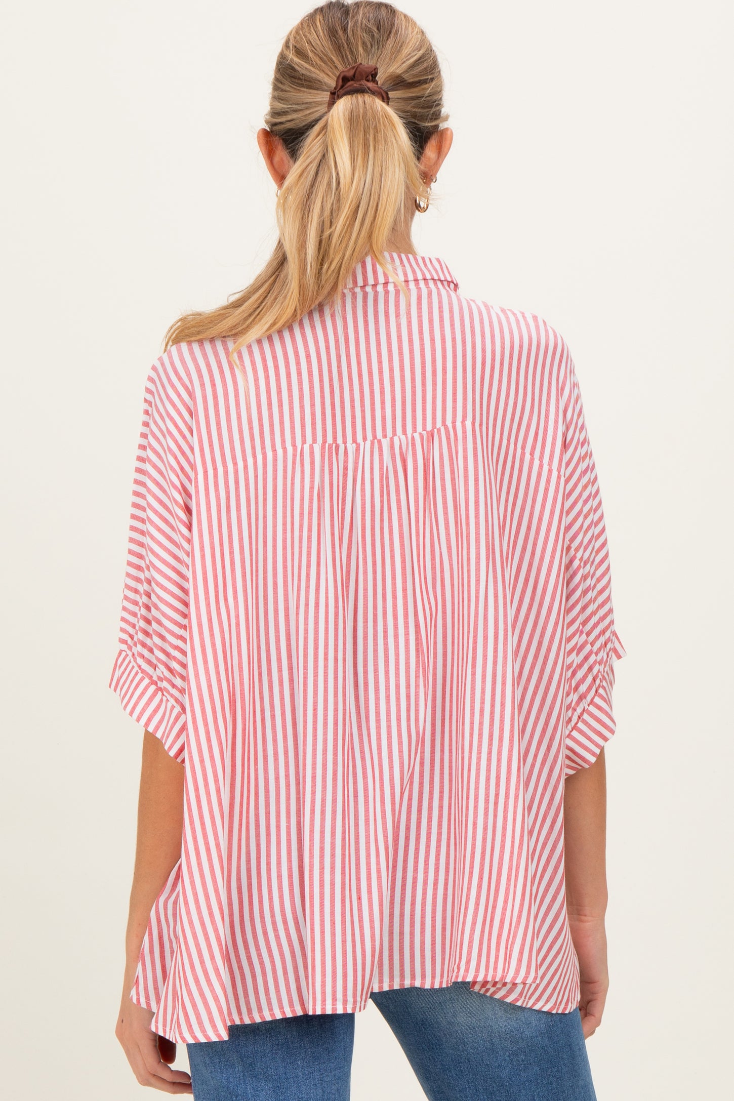 Red Striped Button Up Dolman Maternity Top
