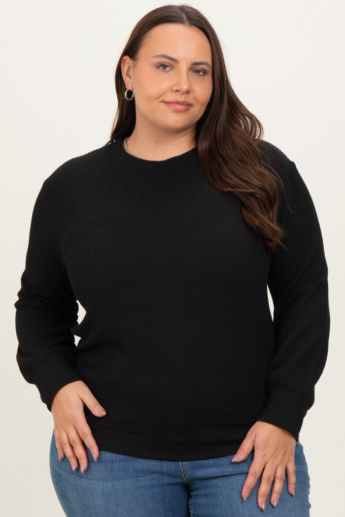Black Textured Ribbed Long Sleeve Maternity Plus Top