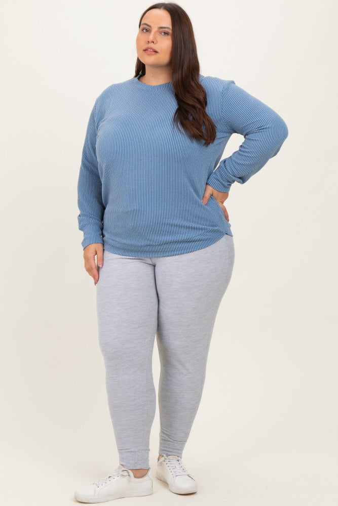 Blue Textured Ribbed Long Sleeve Plus Top